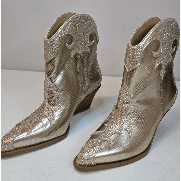 NEW Ankle Boots Jessica Simpson Champagne Embellished GLITTR Western Women Sz 7M - Picture 1 of 10